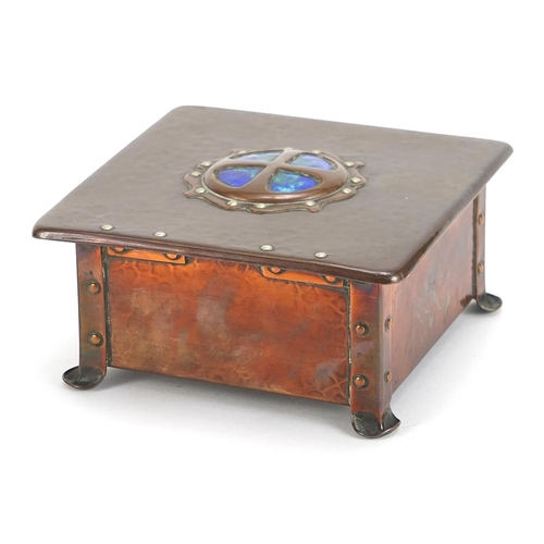 465 - Cambray, Arts & Crafts hammered copper casket with enamelled hinged lid, 6cm H x 12.5cm W x 12.5cm D