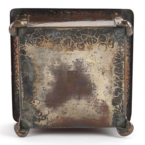 465 - Cambray, Arts & Crafts hammered copper casket with enamelled hinged lid, 6cm H x 12.5cm W x 12.5cm D