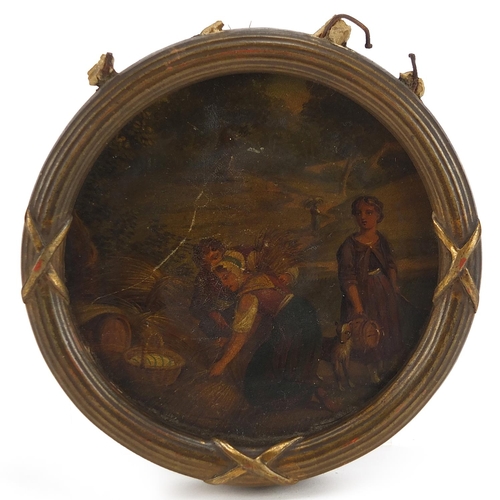 390 - Circular miniature of three figures haymaking with dog, housed in a gilt frame, 8.5cm in diameter ex... 