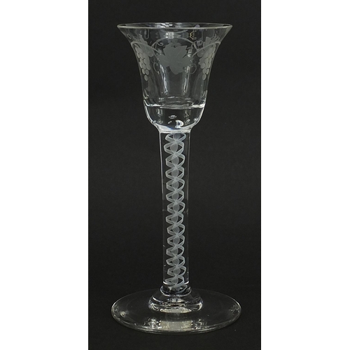 642 - 18th century style wine glass with air twist stem and etched bowl, 15.5cm high