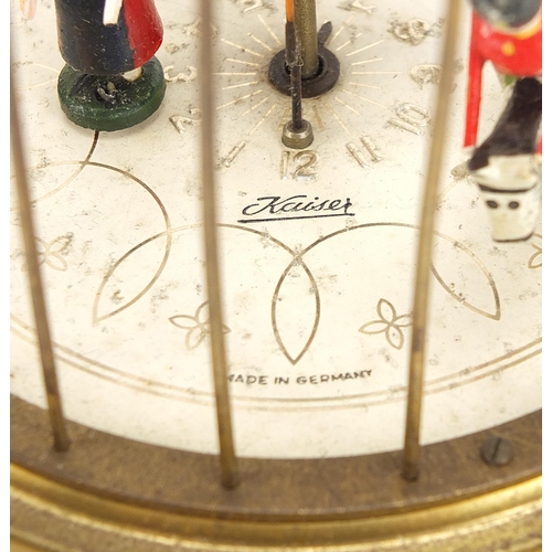 406 - Kaiser musical clockwork automaton birdcage design clock with soldier on horseback and farmer, 18cm ... 