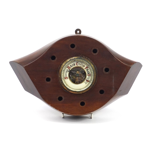 2331 - Military interest hardwood propeller converted to wall barometer with enamelled dial, 38cm wide