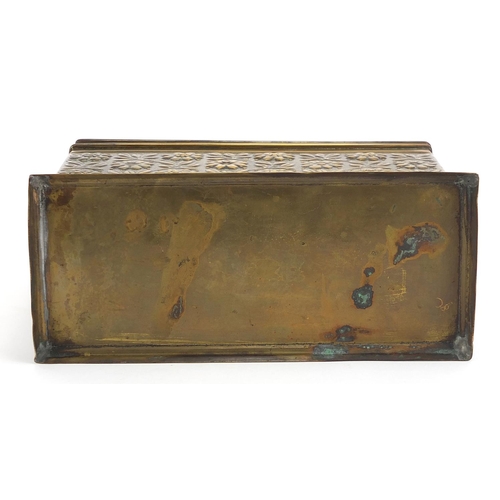 388 - Victorian brass desk letter rack with hinged lid embossed with flowers, 17cm H x 22cm W x 10cm D