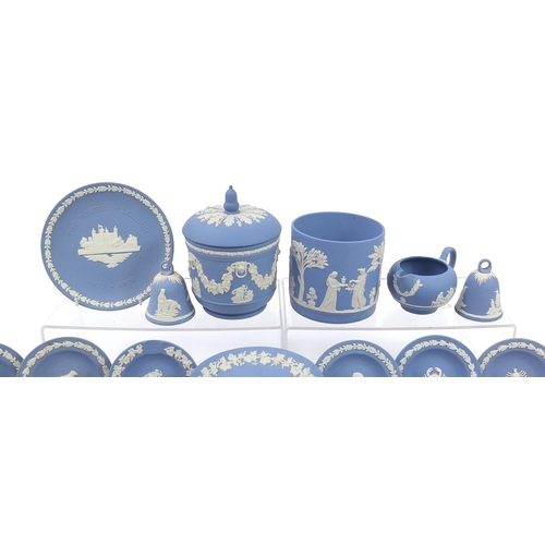 1078 - Collection of Wedgwood blue and white Jasperware including lidded jar and trinkets, the largest 16.5... 