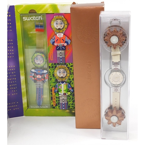 2197 - Swatch, four Swatch Collector's Club wristwatch sets including Cocktail Shaker, Be There At and Spac... 