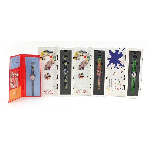 2202 - Swatch, four Swatch Collector's Club wristwatch sets including two Mystery watches