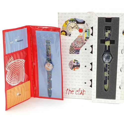 2202 - Swatch, four Swatch Collector's Club wristwatch sets including two Mystery watches