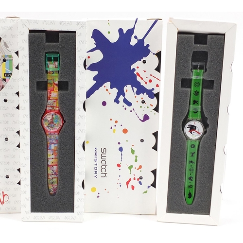 2202 - Swatch, four Swatch Collector's Club wristwatch sets including two Mystery watches