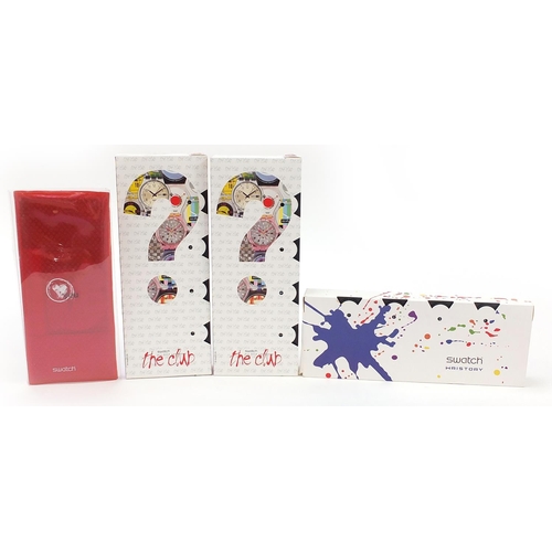 2202 - Swatch, four Swatch Collector's Club wristwatch sets including two Mystery watches