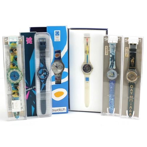 2204 - Swatch, six Swatch Collector's Club Olympic wristwatches with boxes and cases