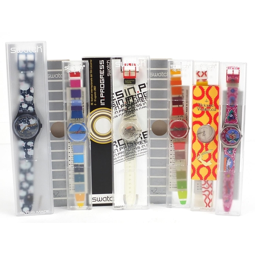 2207 - Swatch, six Swatch Collector's Club wristwatches with boxes and cases including some by Vivienne Wes... 