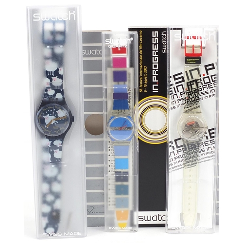 2207 - Swatch, six Swatch Collector's Club wristwatches with boxes and cases including some by Vivienne Wes... 