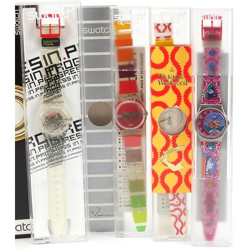 2207 - Swatch, six Swatch Collector's Club wristwatches with boxes and cases including some by Vivienne Wes... 