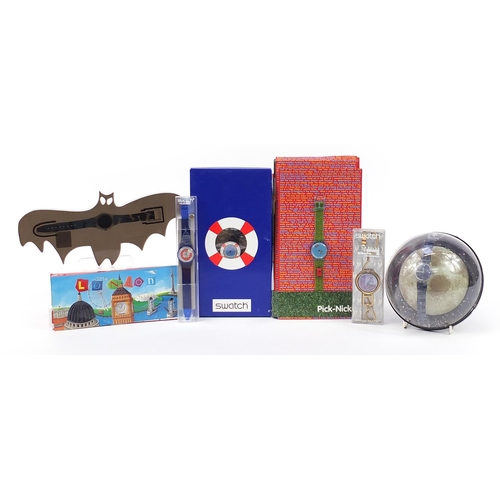 2188 - Swatch, six Swatch Collector's Club wristwatches with boxes and cases including The Moon, Batman and... 