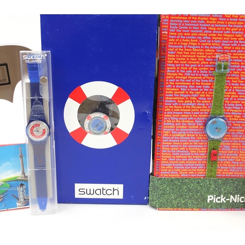 2188 - Swatch, six Swatch Collector's Club wristwatches with boxes and cases including The Moon, Batman and... 