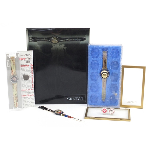 2189 - Swatch, four Swatch Collector's Club wristwatches and a pair of Swatch watch cufflinks