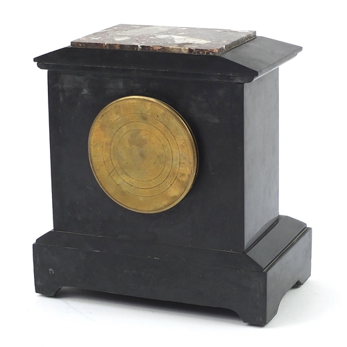 300 - Victorian black slate and marble mantle clock with circular dial having Roman numerals, 30cm high