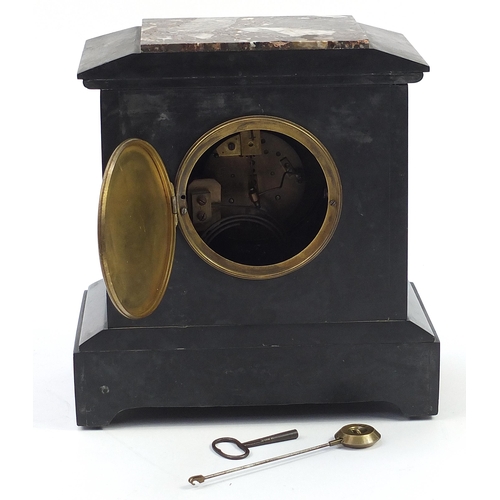 300 - Victorian black slate and marble mantle clock with circular dial having Roman numerals, 30cm high