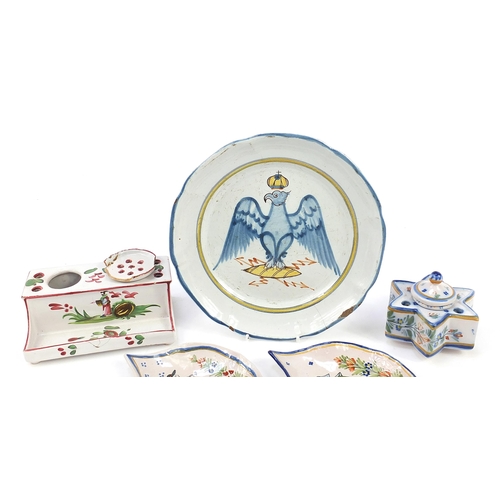 496 - 19th century and later French faience glazed pottery including a plate hand painted with an eagle, p... 