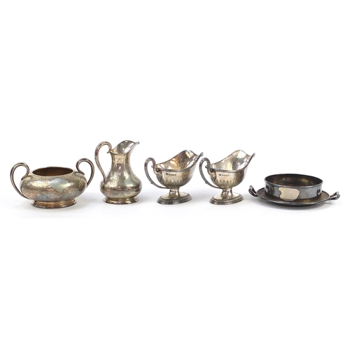 2278 - Elkington & Co silver plate including a pair of sauce boats and twin handled sugar bowl, the largest... 