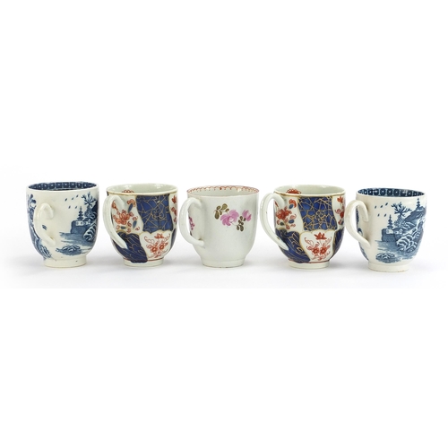 210 - Five 18th century English porcelain coffee cups including Worcester Fisherman pattern, each approxim... 