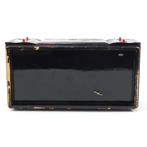 631 - Japanese lacquered jewellery chest with mother of pearl inlay hand painted with a pagoda before Moun... 