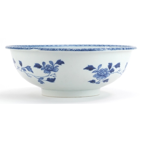 156 - Chinese blue and white porcelain footed bowl hand painted with figures crossing a bridge in a river ... 