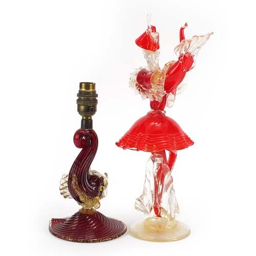 328 - Murano gold flecked glass dancer and dolphin table lamp, the largest 33.5cm high