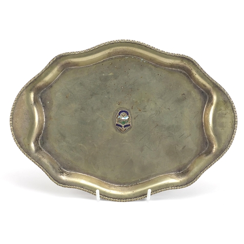 1275 - Masonic interest silver plated tray with enamelled Ceredigion Lodge emblem, 30.5cm wide