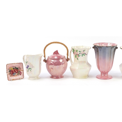 929 - Malling lustreware including vases, jugs, biscuit barrel  and ashtray, the largest 22cm high