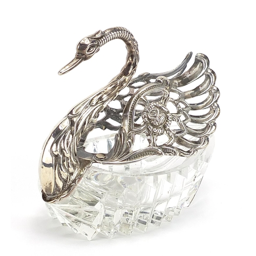 2247 - Silver mounted cut glass swan table salt, London 1966 import marks, 10.5cm high, total weight 260.0g