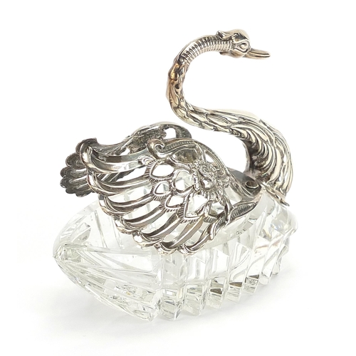 2247 - Silver mounted cut glass swan table salt, London 1966 import marks, 10.5cm high, total weight 260.0g