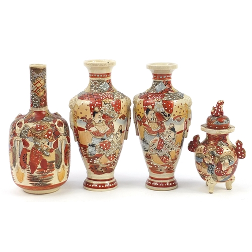 1308 - Japanese Satsuma pottery including a pair of vases and koro with cover, the largest 24.5cm high