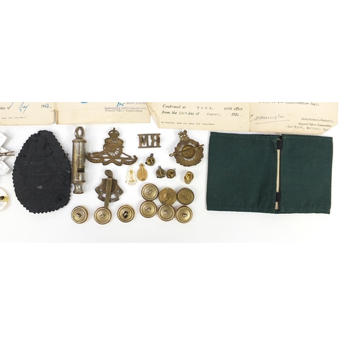 2318 - Militaria including Regular Army Service certificate, WVS armband, cap badges, cloth patches and whi... 