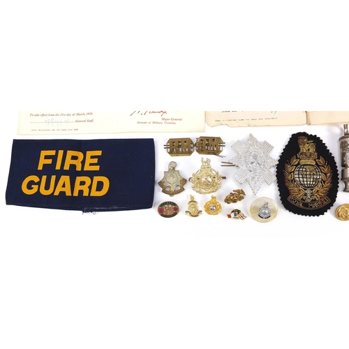 2318 - Militaria including Regular Army Service certificate, WVS armband, cap badges, cloth patches and whi... 