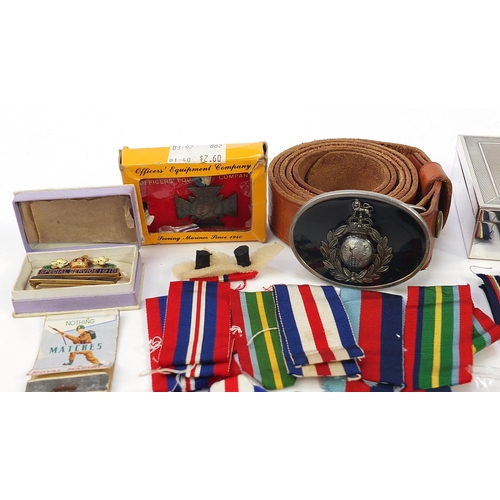 954 - Sundry items, some militaria, including silver cufflinks, silver plated cigarette box and leather be... 