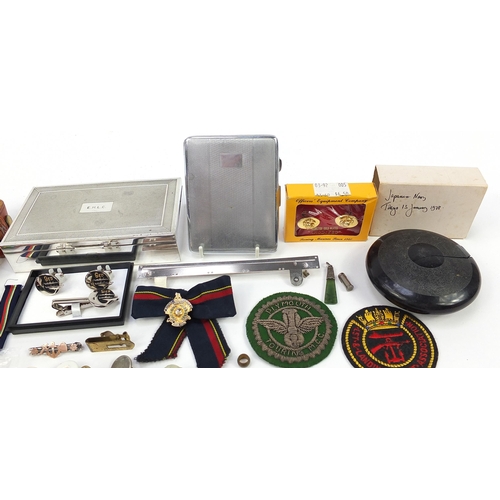 954 - Sundry items, some militaria, including silver cufflinks, silver plated cigarette box and leather be... 