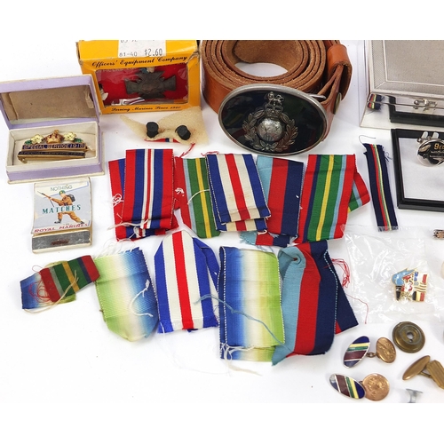 954 - Sundry items, some militaria, including silver cufflinks, silver plated cigarette box and leather be... 