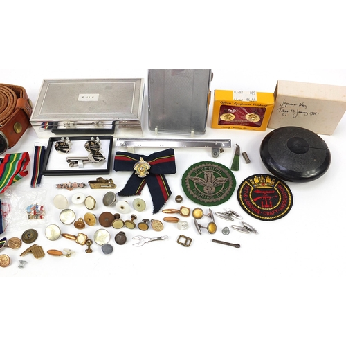 954 - Sundry items, some militaria, including silver cufflinks, silver plated cigarette box and leather be... 