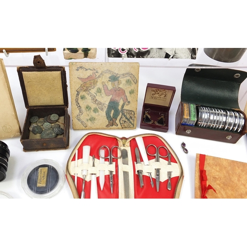 653 - Sundry items including silver proof Piedfort twenty pence, antique coins, books, Mdina style paperwe... 