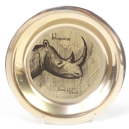 2218 - Bernard Buffet rhinoceros design circular silver plate with frame and box by John Pinches for Frankl... 