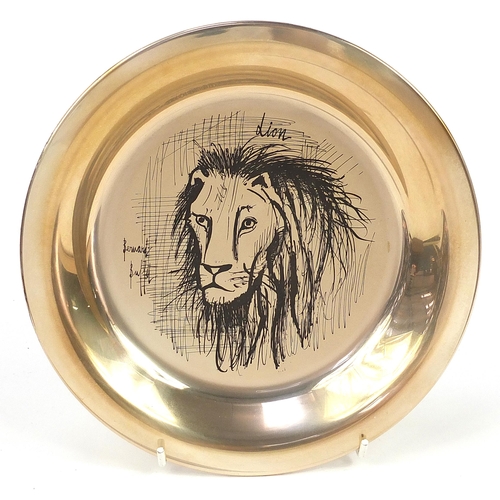 2221 - Bernard Buffet lion design circular silver plate with frame and box by John Pinches for Franklin Min... 