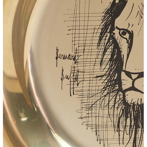 2221 - Bernard Buffet lion design circular silver plate with frame and box by John Pinches for Franklin Min... 