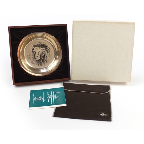 2221 - Bernard Buffet lion design circular silver plate with frame and box by John Pinches for Franklin Min... 