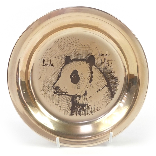 2220 - Bernard Buffet panda design circular silver plate with frame and box by John Pinches for Franklin Mi... 