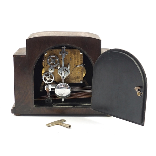 676 - Art Deco oak mantle clock with Westminster chime, 29cm wide