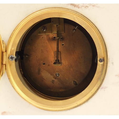 243 - 19th century aesthetic pottery mantle clock gilded with stylised flowers, the circular dial having a... 