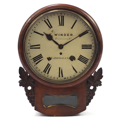 512 - Victorian mahogany drop dial wall clock with fusee movement, the circular painted dial inscribed E W... 