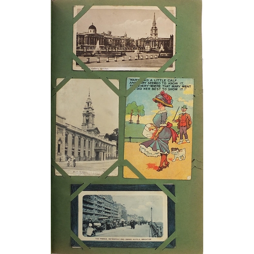 1510 - Topographical greetings and comical postcards arranged in an album including Donald McGill, street s... 