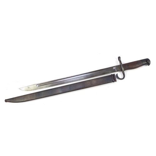 2363 - Military interest bayonet with scabbard, impressed mark to the steel blade, 52.5cm in length